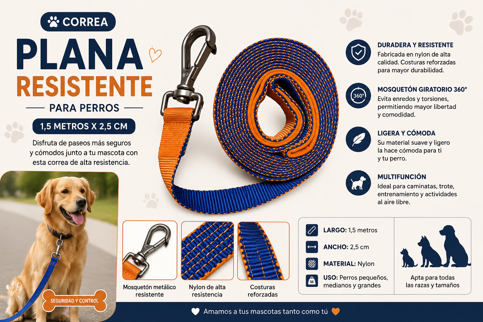 Correa Plana Larga- Perro- Azul Naranja